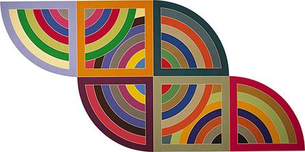 This painting is composed of a full circle in the middle with two half circles attached to it on the upper left and lower right. Two squares lay over the full circle, connecting the half circles. All of the shapes are made of multi-colored bands.