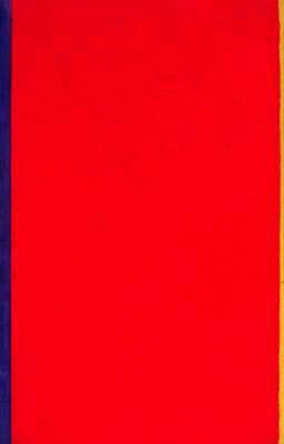 This painting is a red rectangle with a narrow strip of blue on the left border and a narrow strip of yellow on the right border.