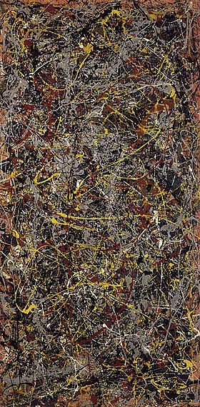 This photo shows the painting No. 5. Jackson Pollack is known for his techniques in action painting, a style of abstract expressionism in which paint is spontaneously dribbled, splashed or smeared onto the canvas, rather than carefully applied, such as this one done in 1948.