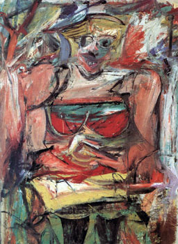 A colorful, abstract painting of a woman with a big smile.