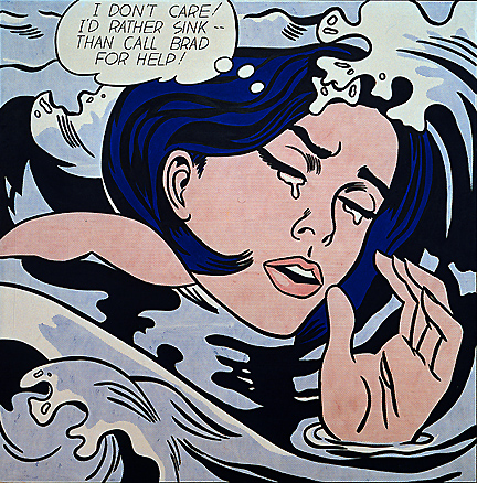 Comic book scene showing a woman with blue hair drowning and saying “I don’t care! I’d rather sink — than call Brad for help!"
