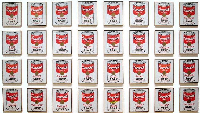 Thirty-two canvases, each with a print of a Campbell’s soup can.