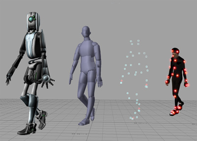 This image shows the different steps to creating a CGI character, from a person being used as a model to the final robot-like character.