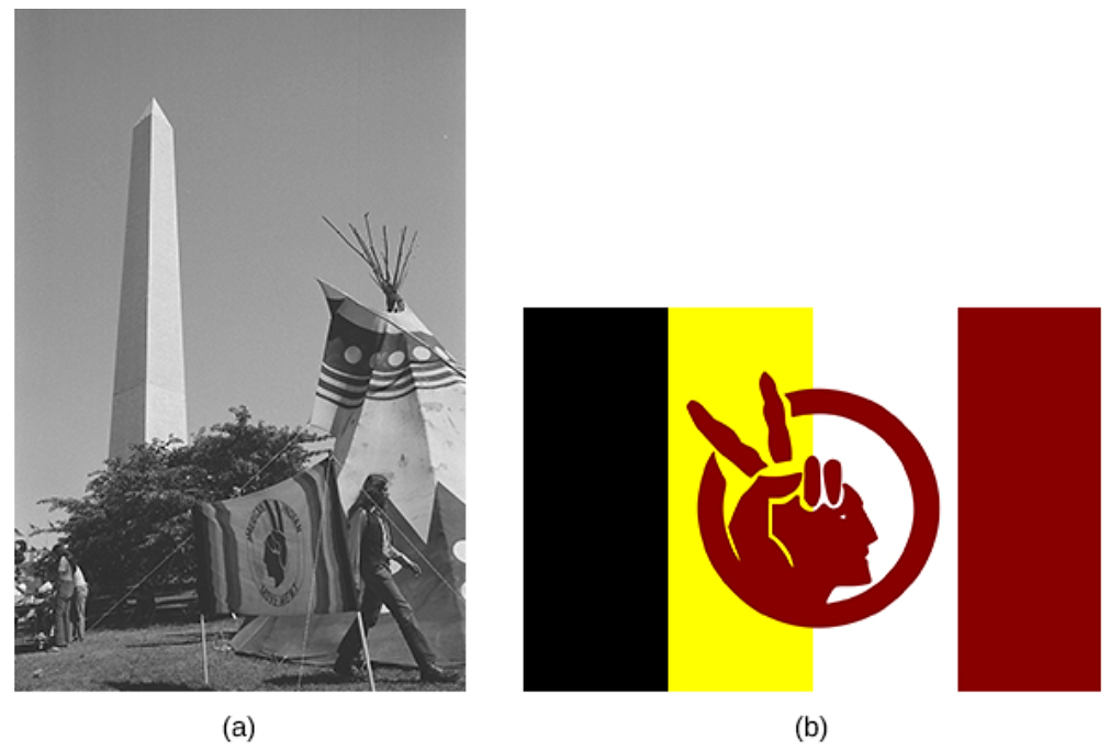 A fotografia (a) mostra uma grande tenda com a bandeira da AIM ao lado; o Monumento a Washington aparece ao fundo. A imagem (b) mostra a bandeira do AIM. O fundo contém quatro listras de preto, amarelo, branco e vermelho. No centro, um círculo vermelho mostra a silhueta da cabeça de um índio; seu toucado é formado por uma mão fazendo um sinal de “paz”.