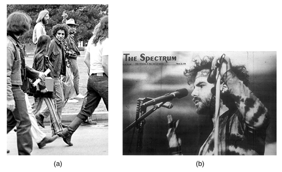 照片（a）显示艾比·霍夫曼和其他几个人在俄克拉荷马大学抗议。 照片 (b) 显示杰里·鲁宾对着麦克风说话。
