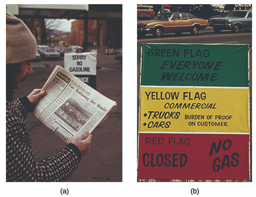 照片（a）显示一名男子站在加油站旁边阅读报纸上的一篇标题为 “星期一设定汽油配给” 的文章。 背景中可以看到写着 “对不起没有汽油” 的标语。 照片 (b) 显示了带有三条彩色条纹的标志。 最上面的条纹是绿色，上面写着 “绿旗/欢迎所有人” 的信息。 中间的条纹是黄色的，上面写着 “黄旗/商用/卡车、汽车/客户的举证责任” 的信息。 底部条纹为红色，带有 “红旗/已关闭/无气体” 信息。