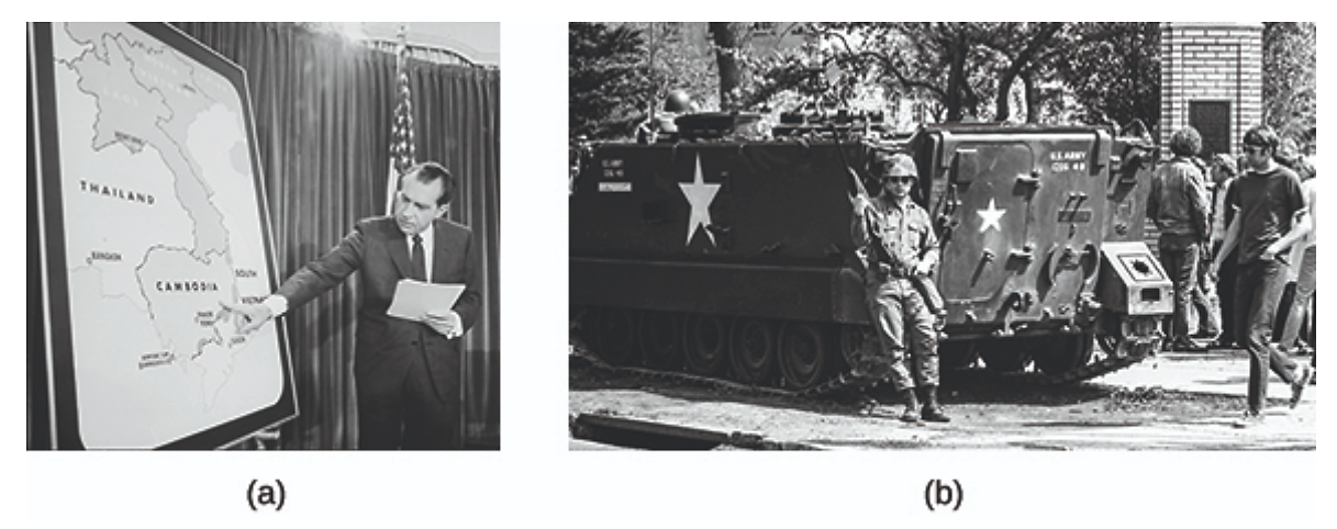 Photograph (a) shows Richard Nixon speaking on a stage beside a large map of Southeast Asia; he points to Cambodia with one hand. Photograph (b) shows a National Guard tank at Kent State University. A uniformed National Guardsman stands in front of the tank, holding a rifle; several students are visible in the background.