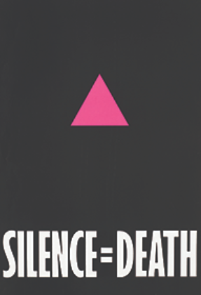رسم يحتوي على مثلث وردي على خلفية سوداء. في الجزء السفلي توجد الكلمات «الصمت = الموت».