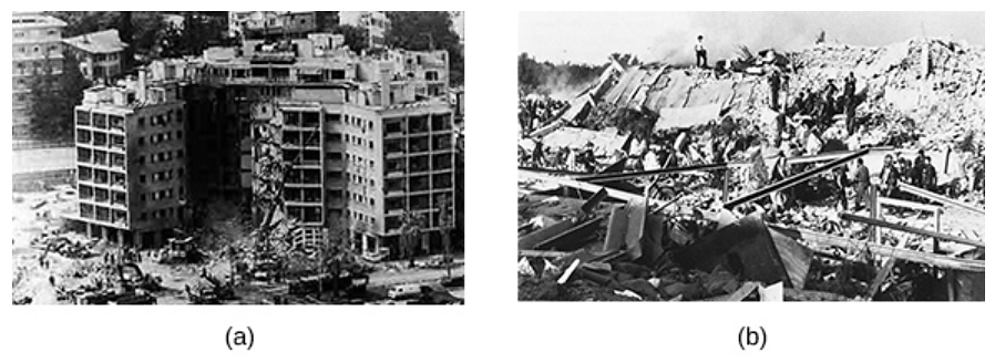 تظهر الصورة (أ) بقايا السفارة الأمريكية في بيروت التي تعرضت للقصف. تُظهر الصورة (ب) أنقاض ثكنات مشاة البحرية الأمريكية في مطار بيروت.