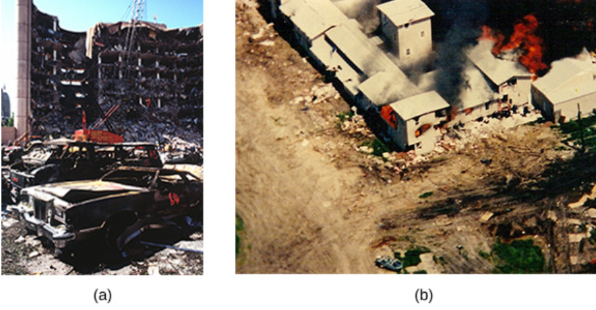 La fotografía (a) muestra el edificio federal bombardeado en Oklahoma City. La fotografía (b) muestra el asedio del recinto de Waco; las llamas se disparan desde lo alto del centro del Monte Carmelo.