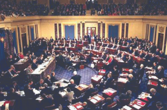 A photograph shows an aerial view of proceedings on the Senate floor during Bill Clinton’s impeachment trial.