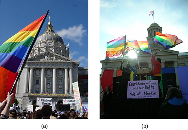 Photograph (a) shows supporters and protestors of same-sex marriage gathered outside of San Francisco’s City Hall. Photograph (b) shows supporters flying rainbow flags outside of the Iowa Supreme Court; in the center of the image, they hold a sign that reads, “Our liberties we prize and our rights we will maintain.”