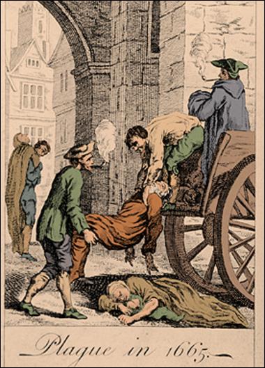Painting of plague victims being loaded into a cart in the street.