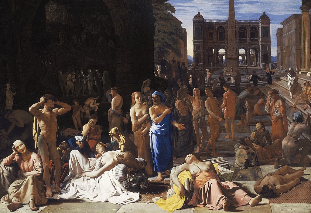 Oil painting of plague victims in ancient Greek street.