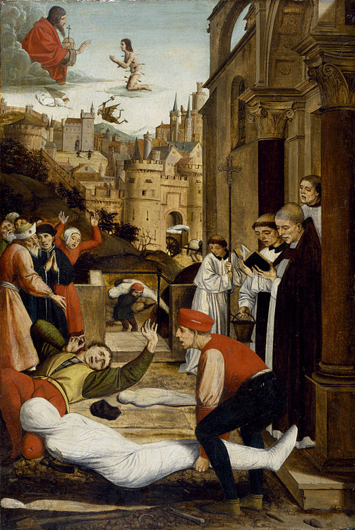 Oil painting of people dying in the street surrounded by monks with St. Sebastian praying to God in the sky above.