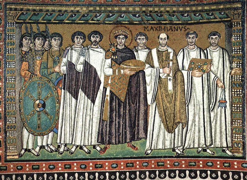 Detailed mosaic depiction of the emperor Justinian and his court