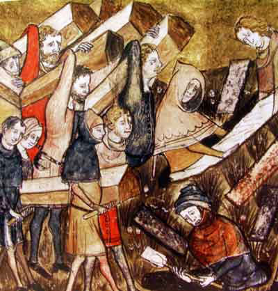 Painting of many people carrying coffins