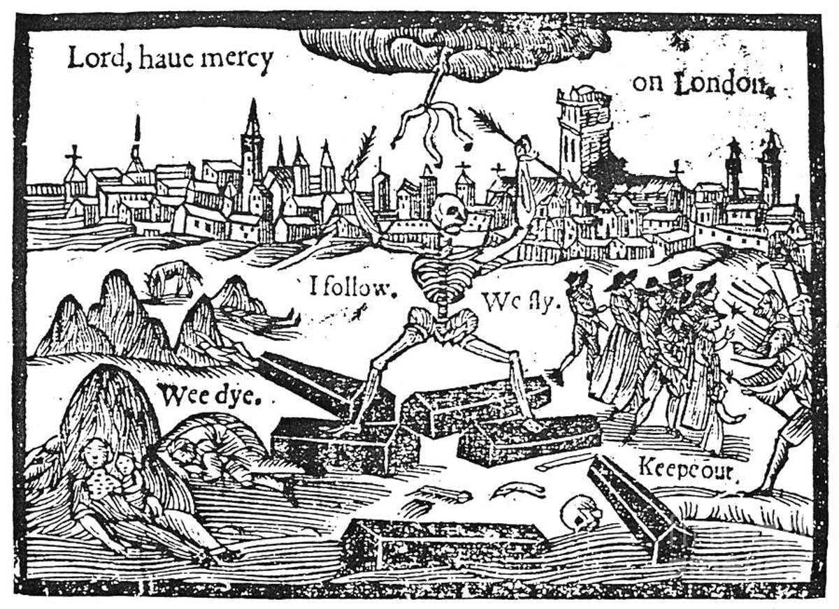 Woodcut print of the city of London with a skeleton standing on coffins and the words Lord have mercy on London, I follow, we fly, wee die, keep out.