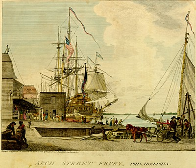 Illustration of a large sailing vessel docked and people loading and unloading cargo.