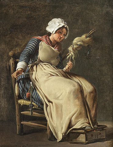 Oil painting of a young woman in a long skirt and apron sitting on a chair spinning wool.