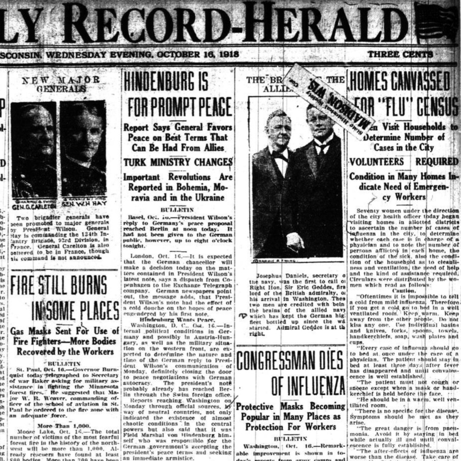 Front page of the Wausau Record Herald newspaper from 1918.