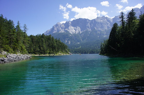 an aquamarine alpine lake surrounded by trees with a snow-capped mountain in the background
