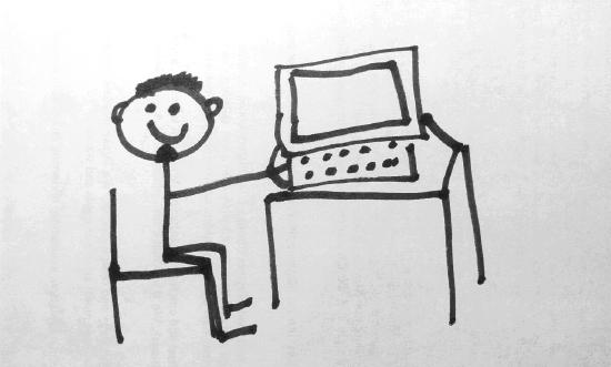 black and white doodle of stick figure sitting in chair typing away at a computer