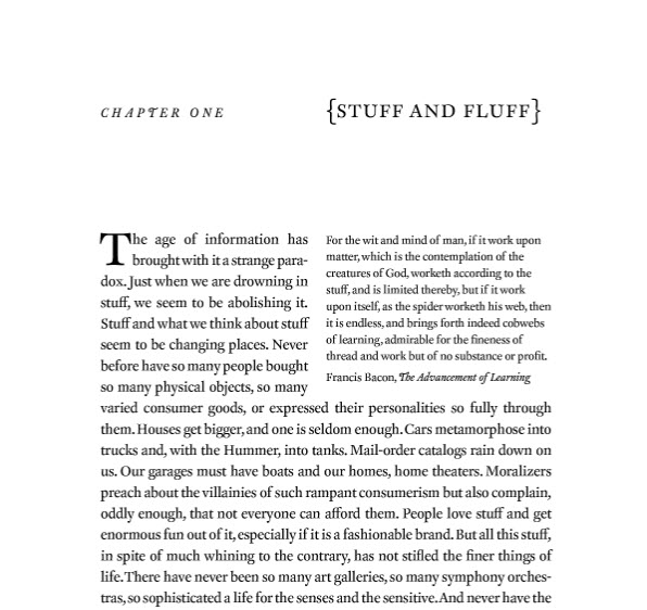Scholarly book page with words arranged intentionally—chapter 1 listed at the top, a stylistic title listed in the top-right, and a quote off-set on the right-hand column.