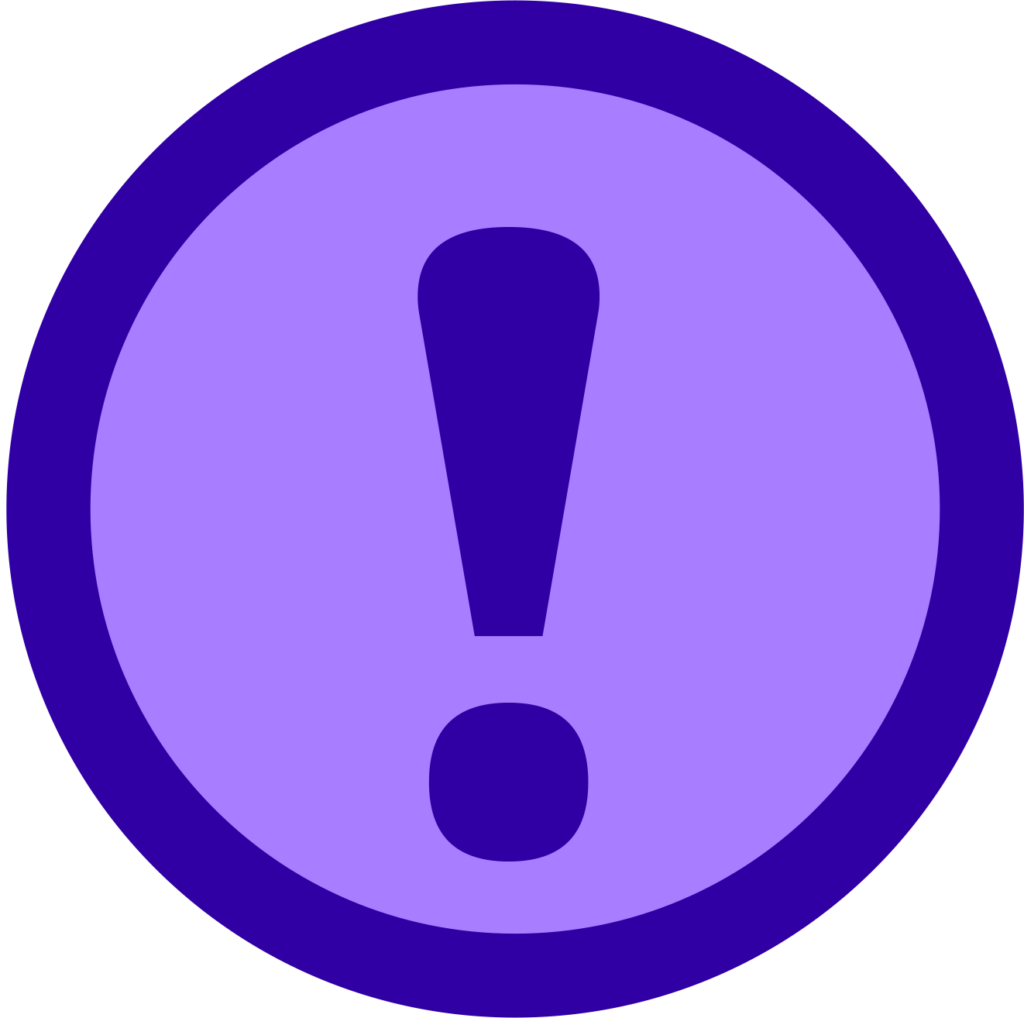 Decorative purple circle with an exclamation point in the center.
