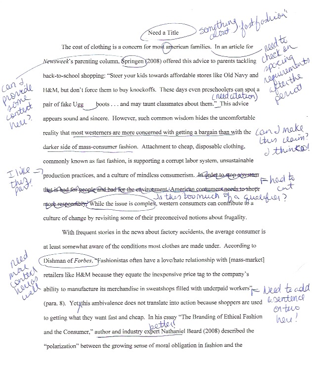 Rough draft of paper showing a typed essay with lots of handwritten notes such as: provide context here, check on spacing requirements, can I make this claim? need more content here, cut this, I like this part, and so forth. Many sentences and words are underlined or circled.