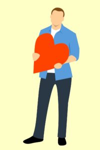 Cartoon man holding a heart.