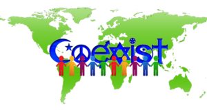 A map of the world with the word "coexist" overlayed.
