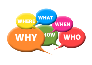 Text bubbles with the words "why", "where", "what", "when", "who", and "how" written inside.