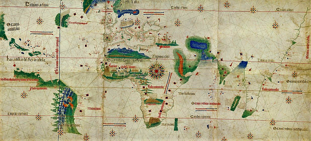 By the fifteenth century, the Portuguese had established forts and colonies on islands and along the rim of the Atlantic Ocean; other major Europeans countries soon followed in step. An anonymous cartographer created this map known as the Cantino Map, the earliest known map of European exploration in the New World, to depict these holdings and argue for the greatness of his native Portugal. “Cantino planisphere” (1502), Biblioteca Estense, Modena, Italy. Wikimedia, http://commons.wikimedia.org/wiki/File:Cantino_planisphere_%281502%29.jpg. 