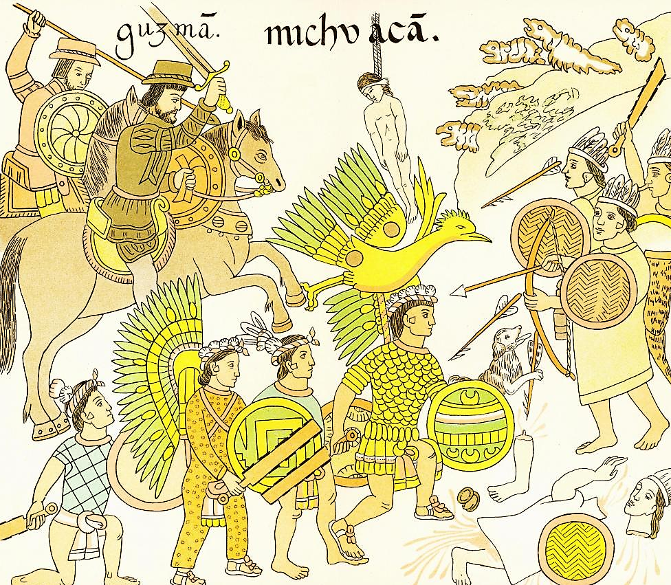 The Spanish relied on indigenous allies to defeat the Aztecs. The Tlaxcala were among the most important Spanish allies in their conquest. This nineteenth-century recreation of a sixteenth century drawing depicts Tlaxcalan warriors fighting alongside Spanish soldiers against the Aztec. Via Wikimedia. 