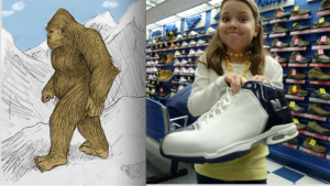 Two images: on the left, a drawing of Bigfoot. On the right, a photo of a girl holding a big shoe.