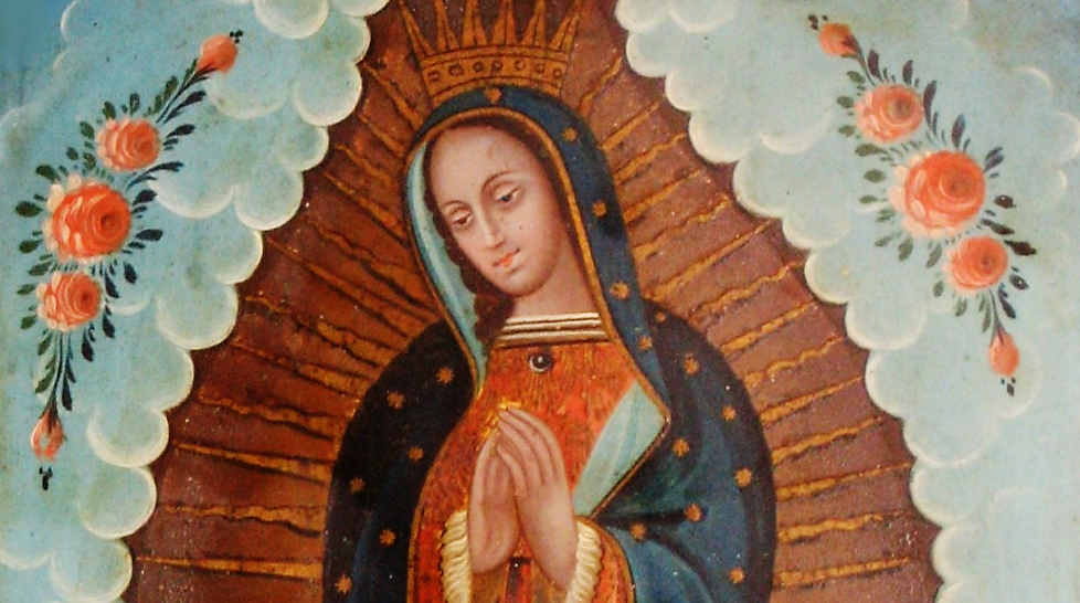 Our Lady of Guadalupe is perhaps the most culturally important and extensively reproduced Mexican-Catholic image. In the iconic depiction, Mary stands atop the tilma (peasant cloak) of Juan Diego, on which according to his story appeared the image of the Virgin of Guadalupe. Throughout Mexican history, the story and image of Our Lady of Guadalupe has been a unifying national symbol. Mexican retablo of “Our Lady of Guadalupe,” 19th century, in El Paso Museum of Art. Wikimedia.