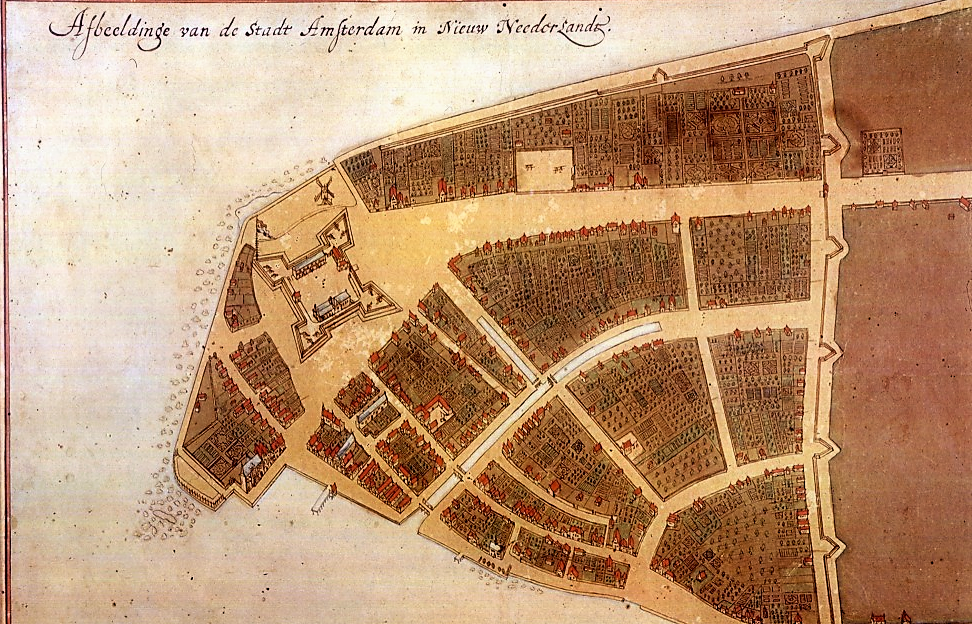 The earliest plan of New Amsterdam (now Manhattan). 1660. Wikimedia.