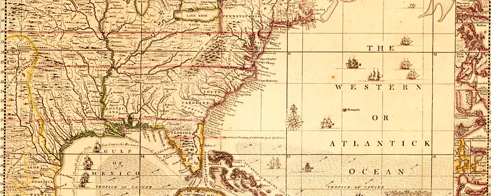 Henry Popple, “A map of the British Empire in America with the French and Spanish settlements adjacent thereto,” 1733 via Library of Congress.