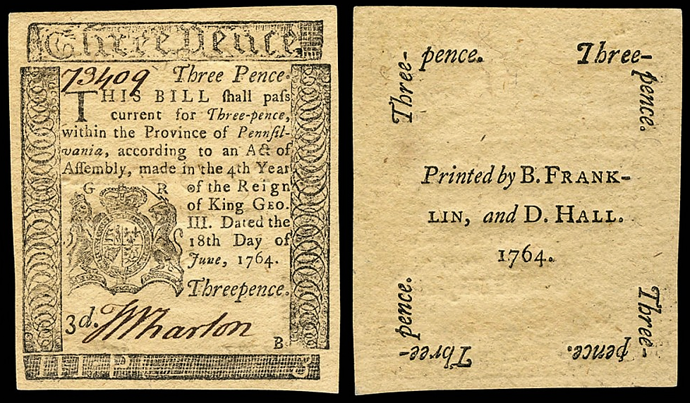 Benjamin Franklin and David Hall, printers, Pennsylvania Currency, 1764. Wikimedia, http://commons.wikimedia.org/wiki/File:US-Colonial_%28PA-115%29-Pennsylvania-18_Jun_1764.jpg. 