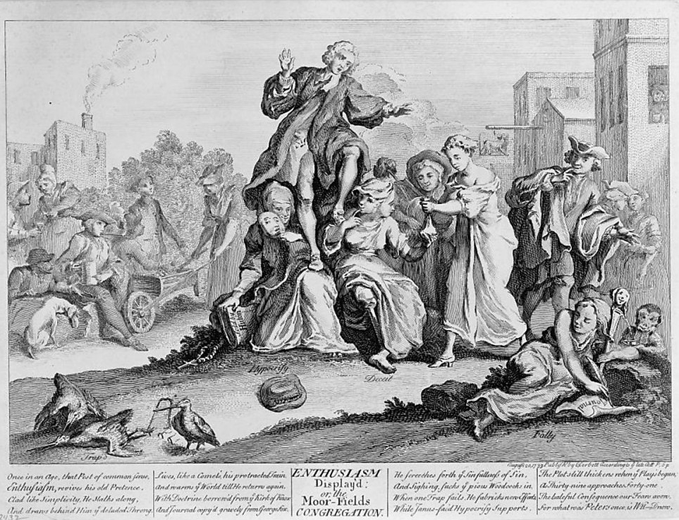 C. Corbett, publisher, “Enthusiasm display'd: or, the Moor Fields congregation,” 1739. Library of Congress, http://www.loc.gov/pictures/item/2006680550/. Whitefield is shown supported by two women, "Hypocrisy" and "Defeat". The image also includes other visual indications of the engraver's disapproval of Whitefield, including a monkey and jester's staff in the right-hand corner.