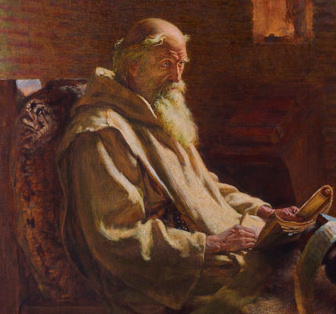Oil painting of Bede as an old man. He is seated, wearing light brown monk's robes, and holding an open book on his lap.