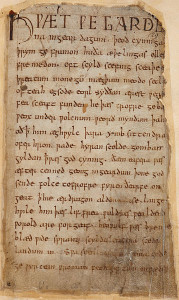 Photo of a manuscript page handwritten in Old English. The edges are frayed and the page has small holes, but the text is very legible.