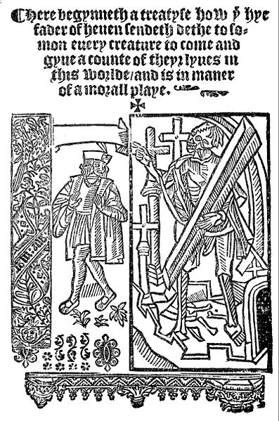 Photograph of a book page, showing the first lines of the play in Middle English calligraphy script, with a decorative wood block carving of the Everyman and Death figures beneath it