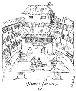 Line drawing of The Swan theater, showing a stage with a three-storied viewing area build all around it