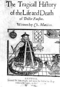 Image of a black and white book cover. The title appears in Middle English at the top, and at the bottom is a drawing of a man in a robe holding a book and a stick, with a devil emerging from the floor