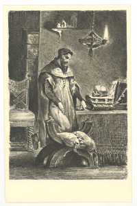 Lithograph of Dr. Faustus, shown in robes with a dark beard, standing and staring down at a skull on top of a pile of books on his desk