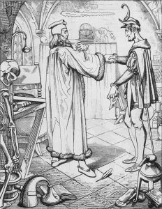 Engraving showing a scholar in robes shaking hands with a slim figure in court jester clothing. They are in a lab surrounded by skeletons, globes, and scientific apparatus