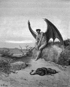 Pencil drawing of a man figure with large black wings and cloven feet, sitting on a rock, staring down at a snake on the ground