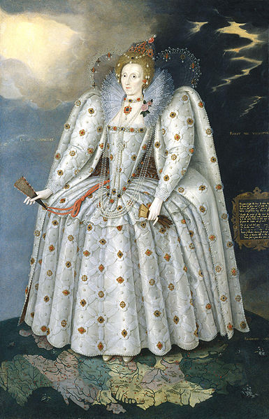 Portrait of Queen Elizabeth I, standing in a white embroidered gown with large bustle and sleeves and small waist, with a high lace collar. She is holding a folded fan and a pair of gloves, and standing on top of a world map. Thunder clouds appear over her left shoulder, and breaking sun over her right.